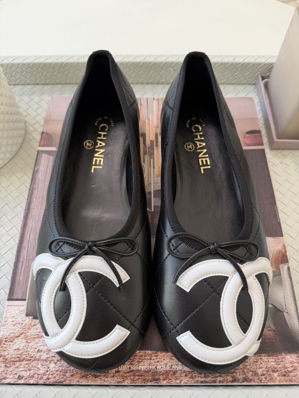 Chanel Cambon 2026 Coco Beach CC Logo Black Leather White Ballet Ballerina Flats